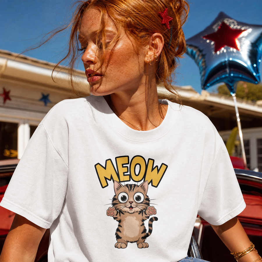 Meow Cute Cat Graphic Tee - Cartoon Kitten T-Shirt