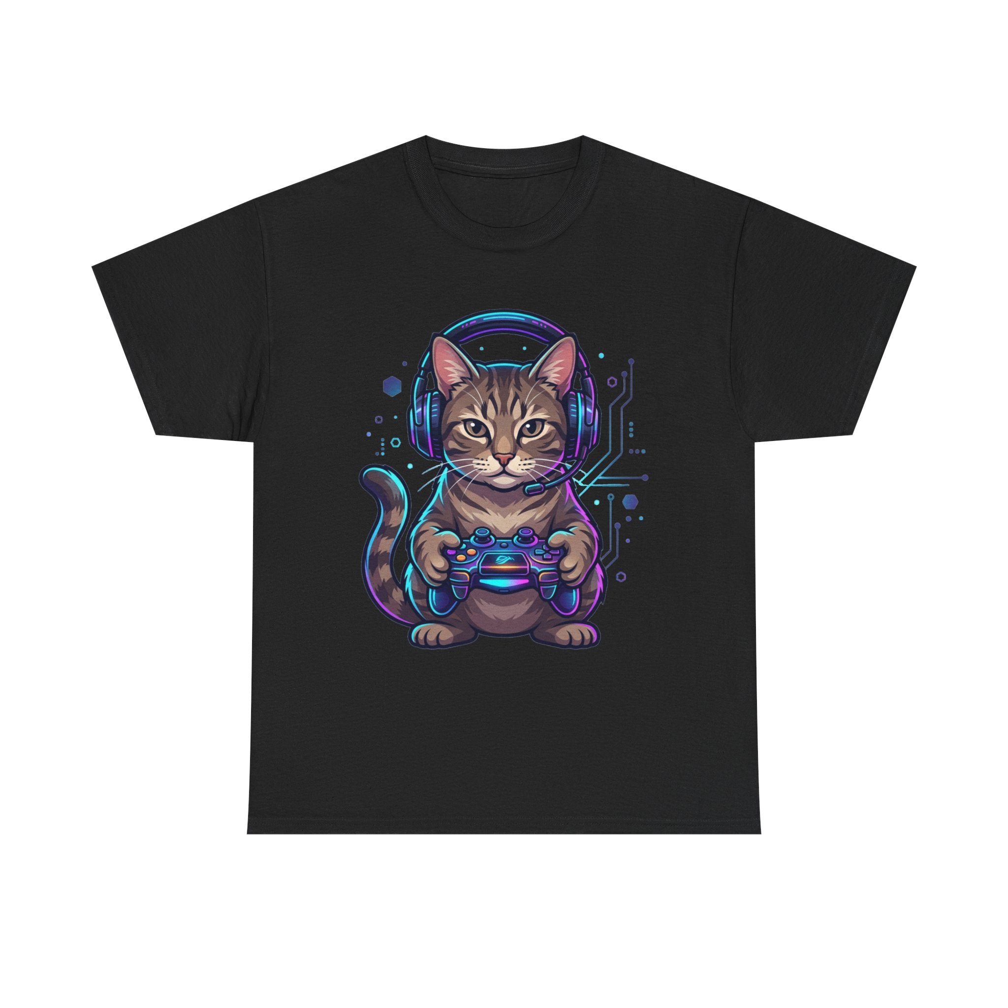 Gamer Cat T-Shirt — Cute Tabby with Headset & Game Controller Tee