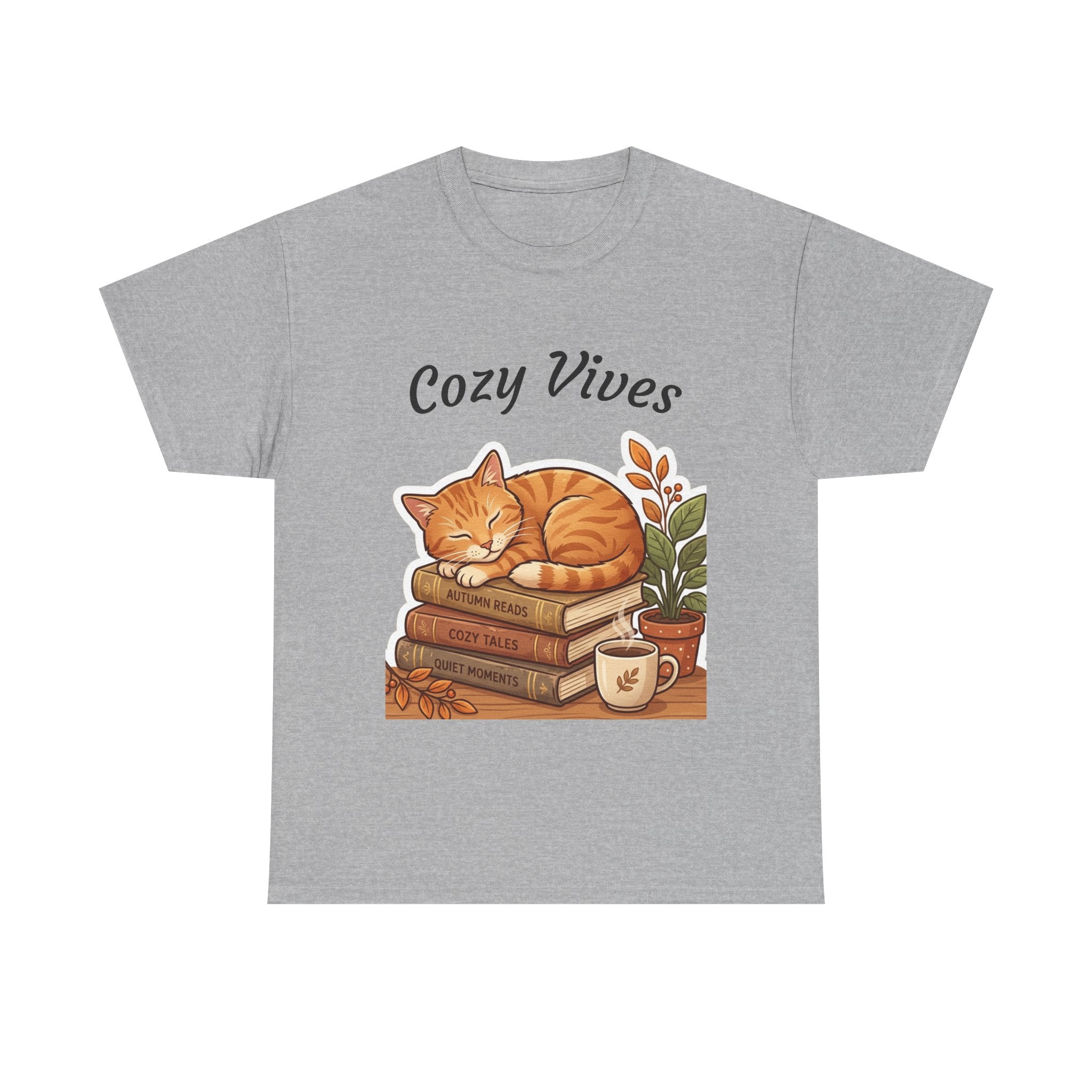 Cozy Dives T‑Shirt — Cute Cat on Books & Plants Graphic Tee for Book Lovers