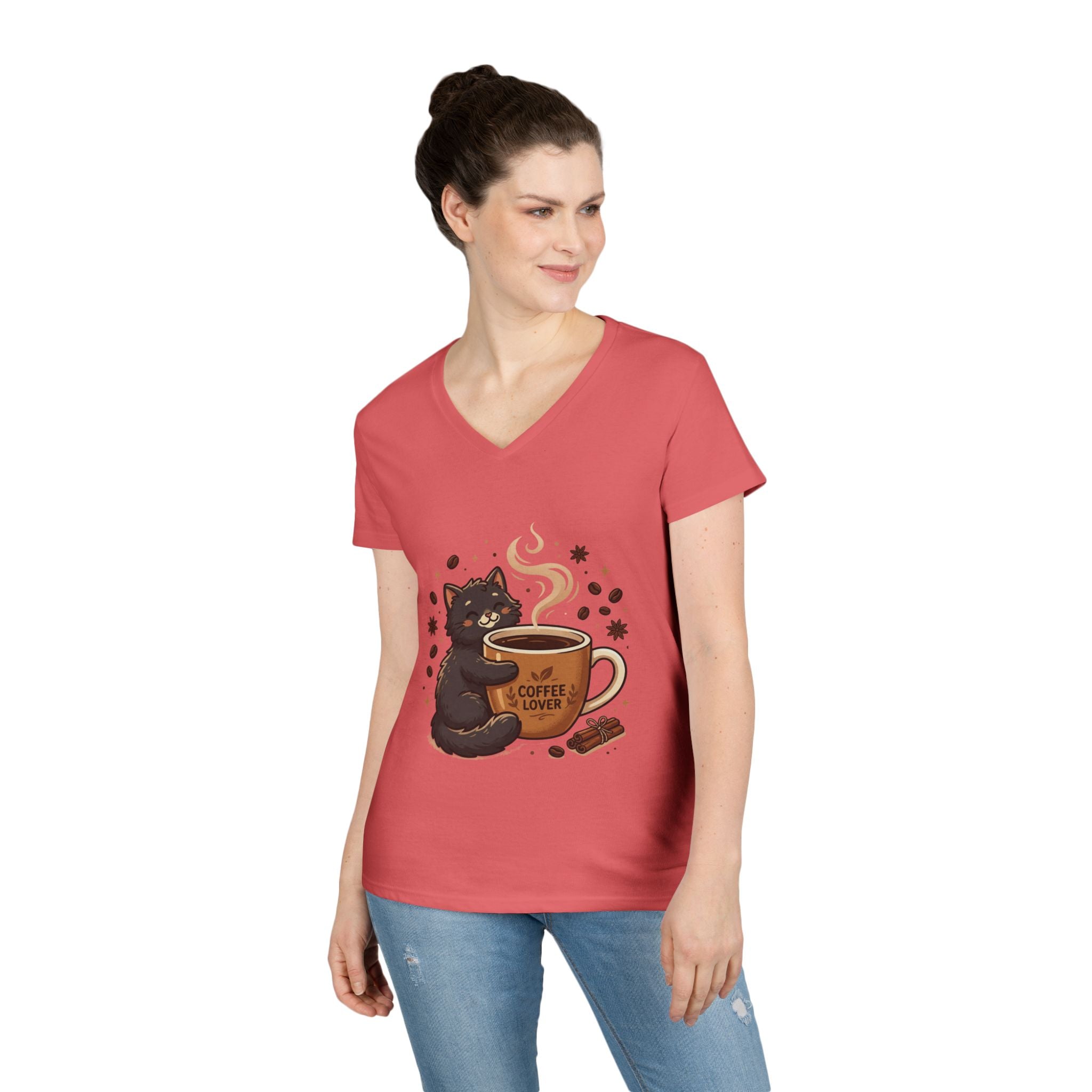 Coffee Lover Cat V-Neck Tee — Cute Black Cat Hugging Coffee Mug