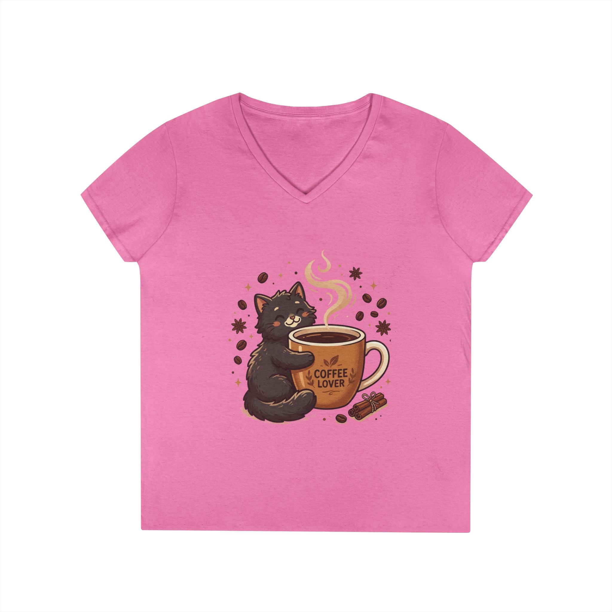 Coffee Lover Cat V-Neck Tee — Cute Black Cat Hugging Coffee Mug