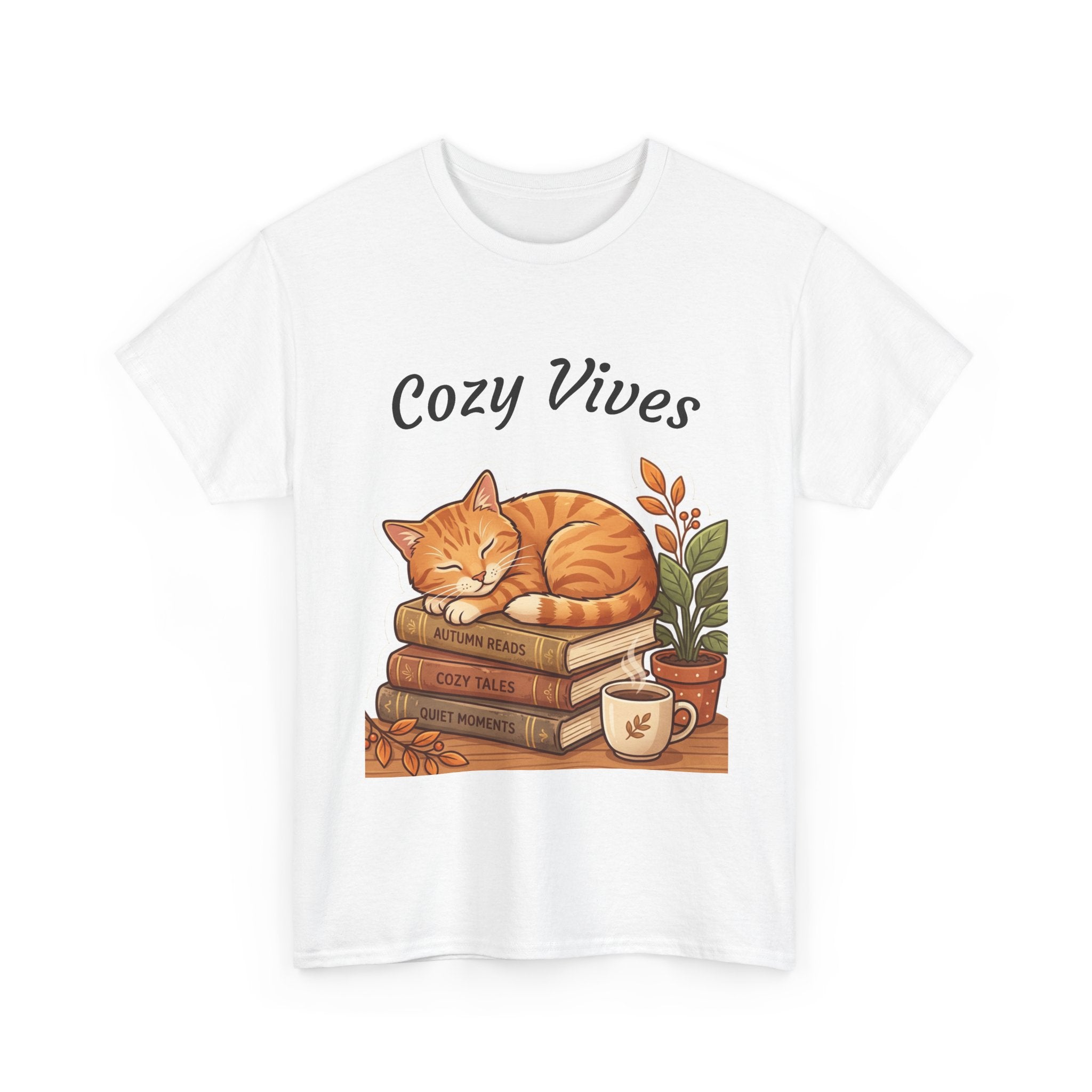 Cozy Dives T‑Shirt — Cute Cat on Books & Plants Graphic Tee for Book Lovers