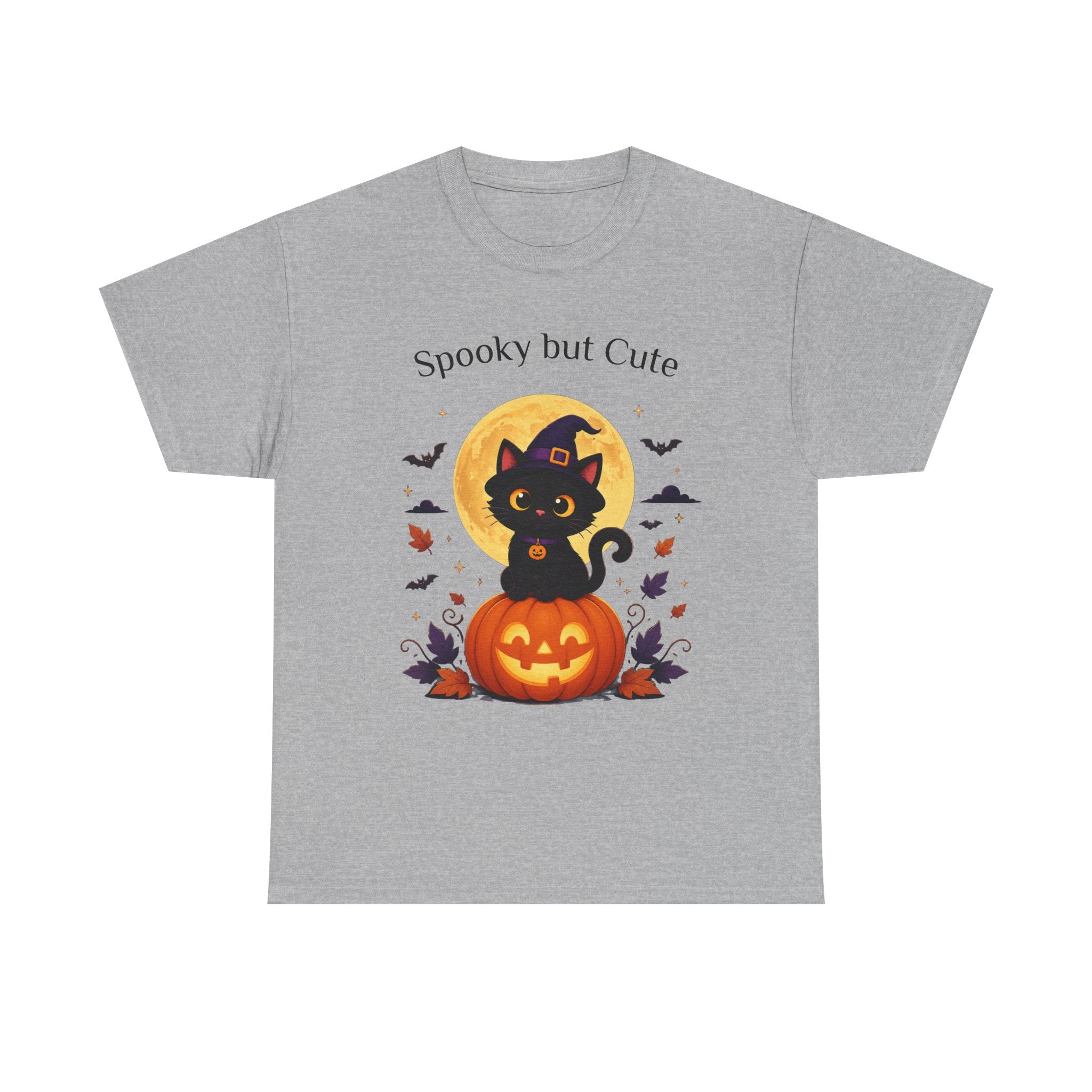 Halloween Cat Tee — “Spooky but Cute” Pumpkin & Full Moon Graphic T-Shirt