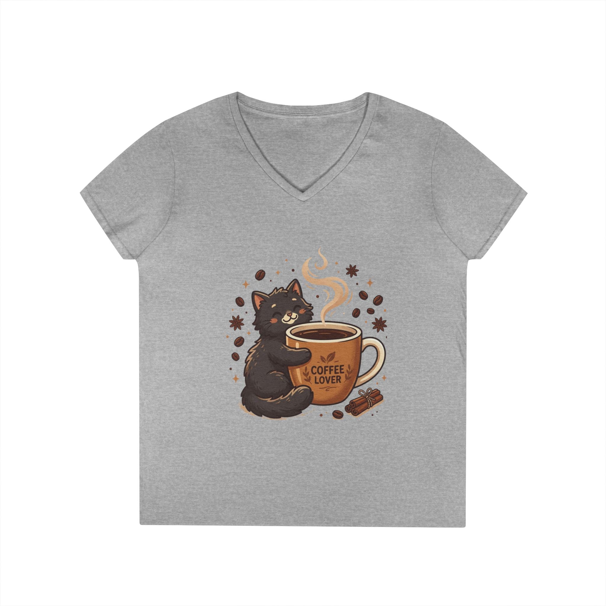 Coffee Lover Cat V-Neck Tee — Cute Black Cat Hugging Coffee Mug