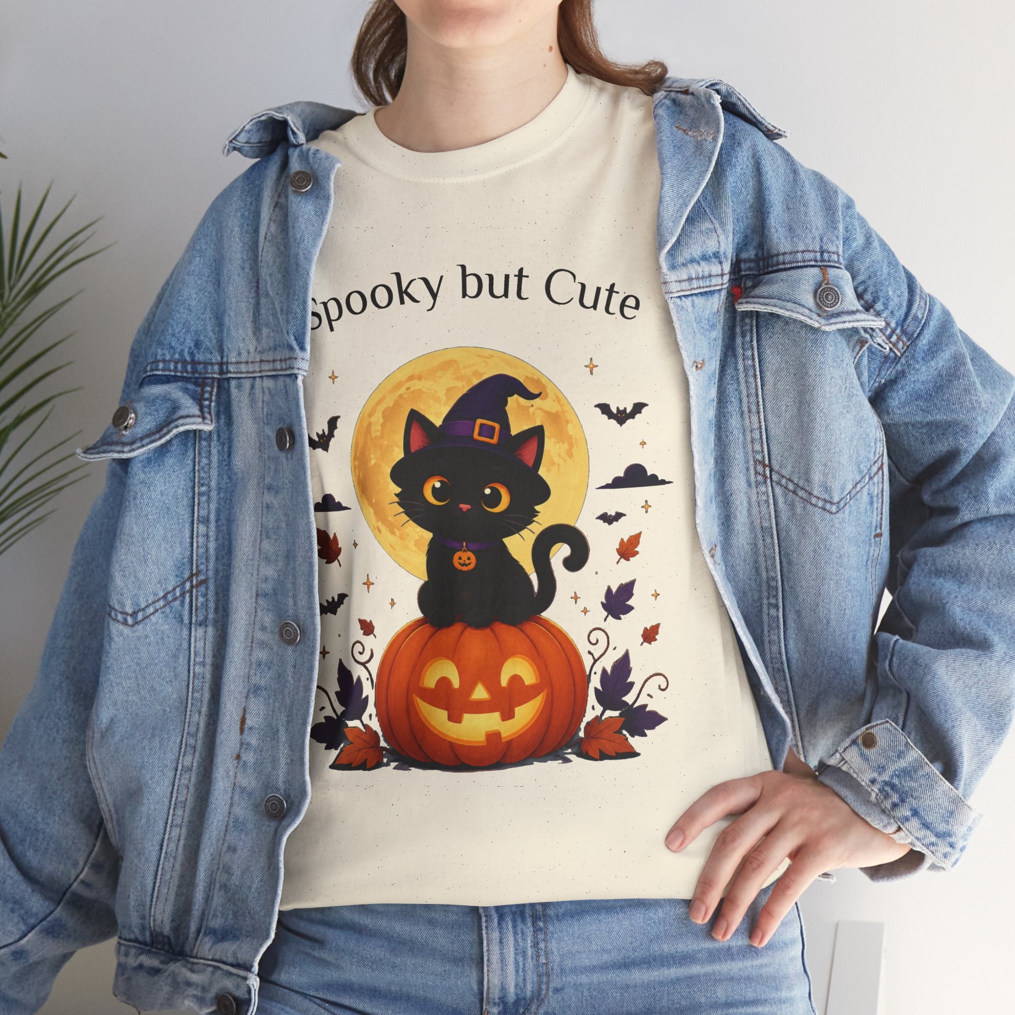 Halloween Cat Tee — “Spooky but Cute” Pumpkin & Full Moon Graphic T-Shirt