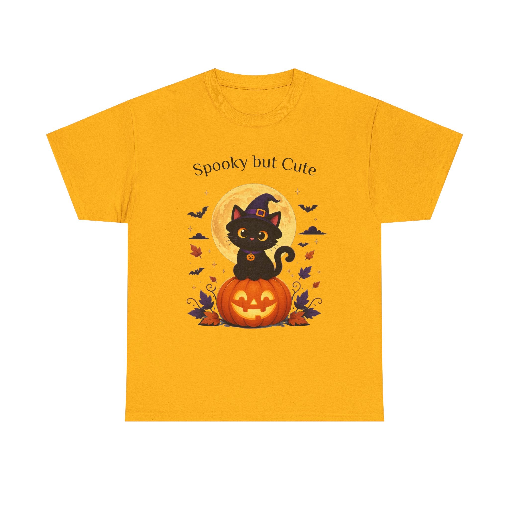 Halloween Cat Tee — “Spooky but Cute” Pumpkin & Full Moon Graphic T-Shirt