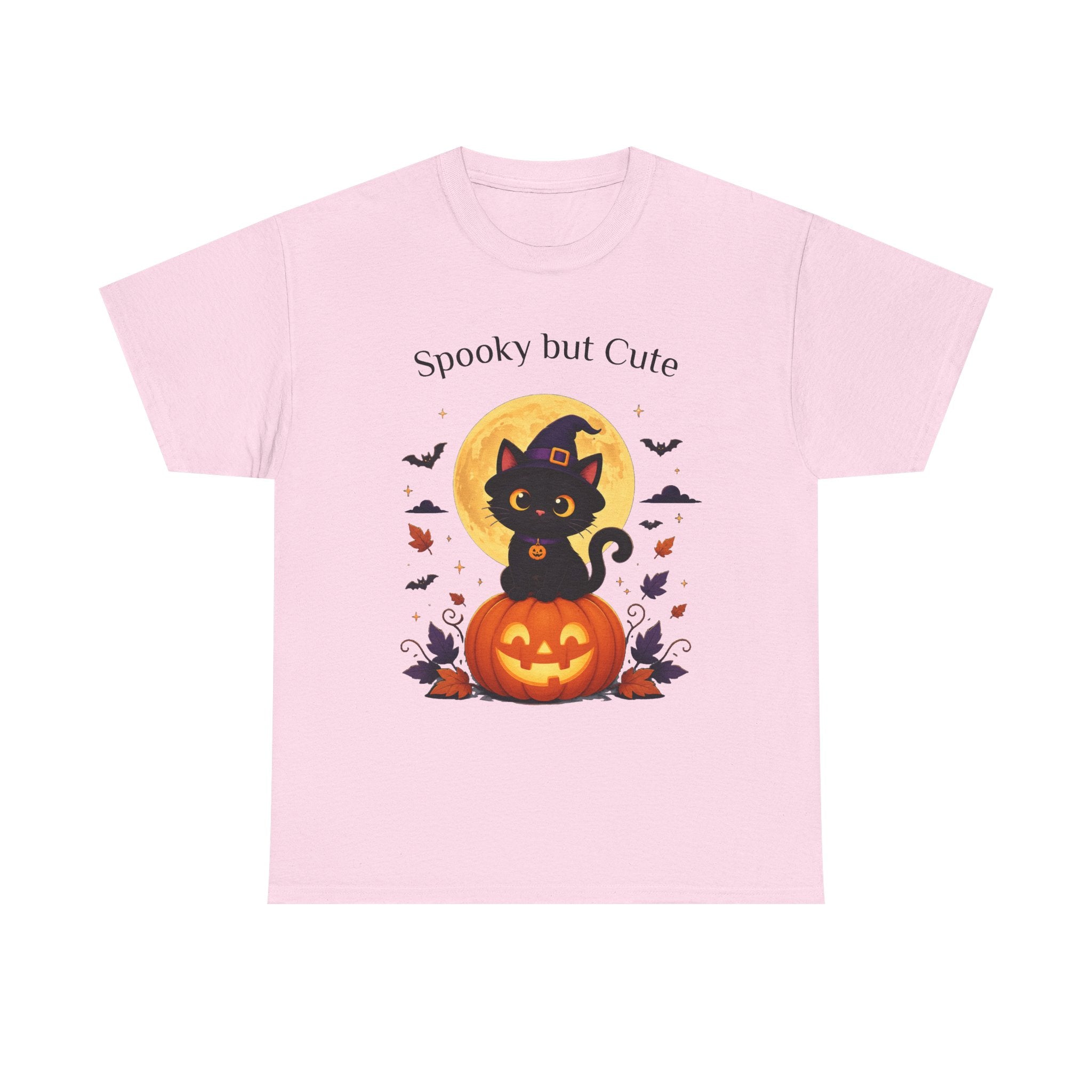 Halloween Cat Tee — “Spooky but Cute” Pumpkin & Full Moon Graphic T-Shirt