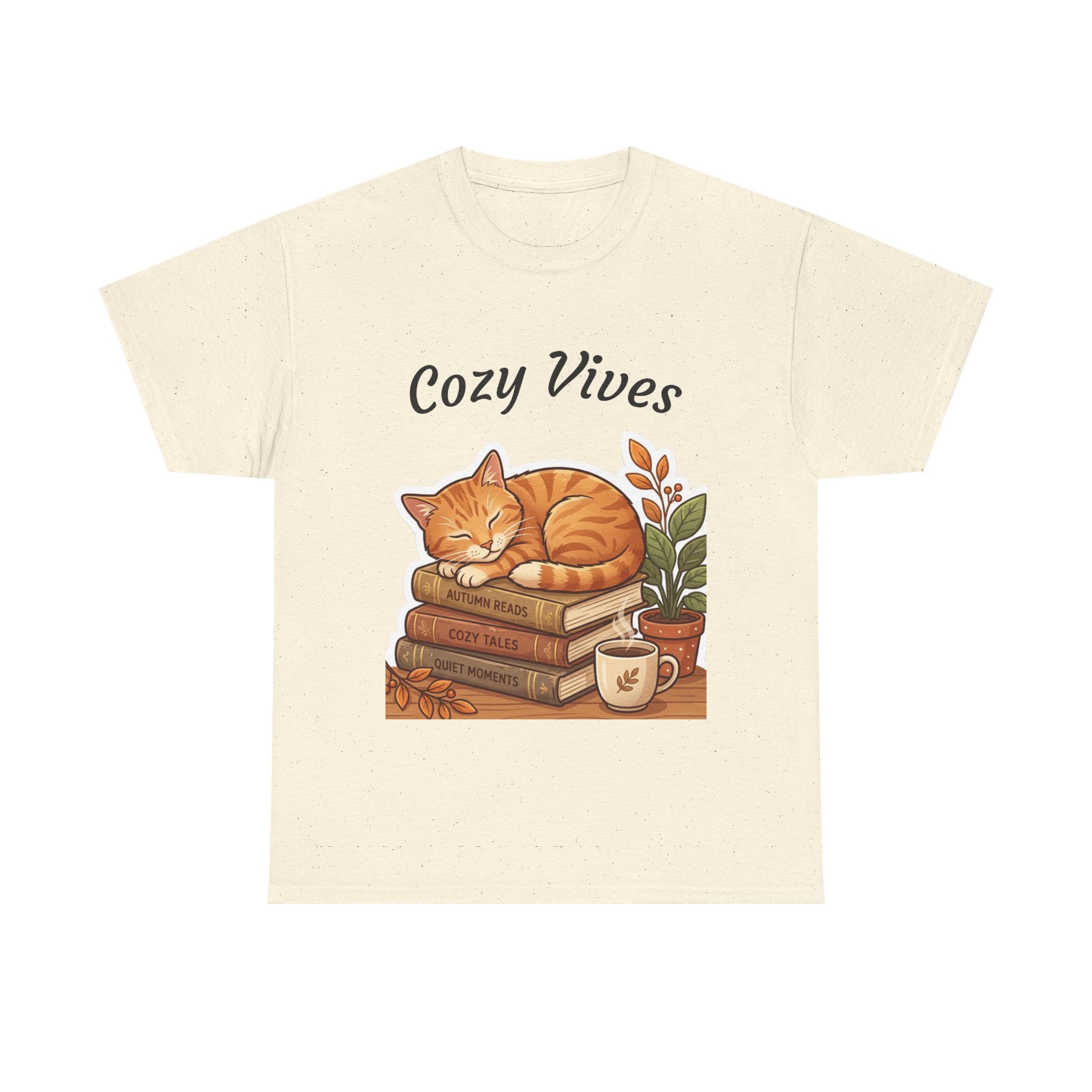 Cozy Dives T‑Shirt — Cute Cat on Books & Plants Graphic Tee for Book Lovers