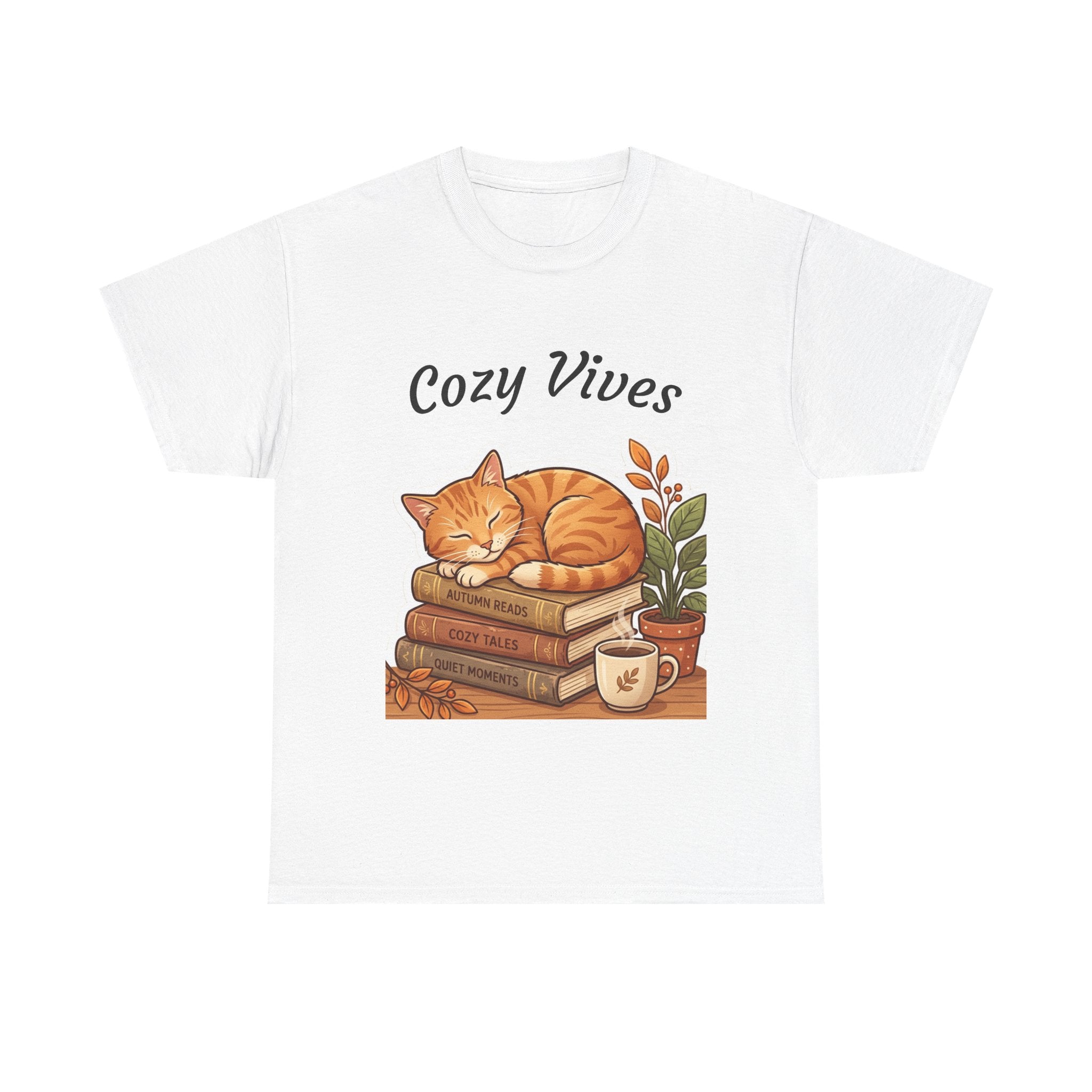 Cozy Dives T‑Shirt — Cute Cat on Books & Plants Graphic Tee for Book Lovers