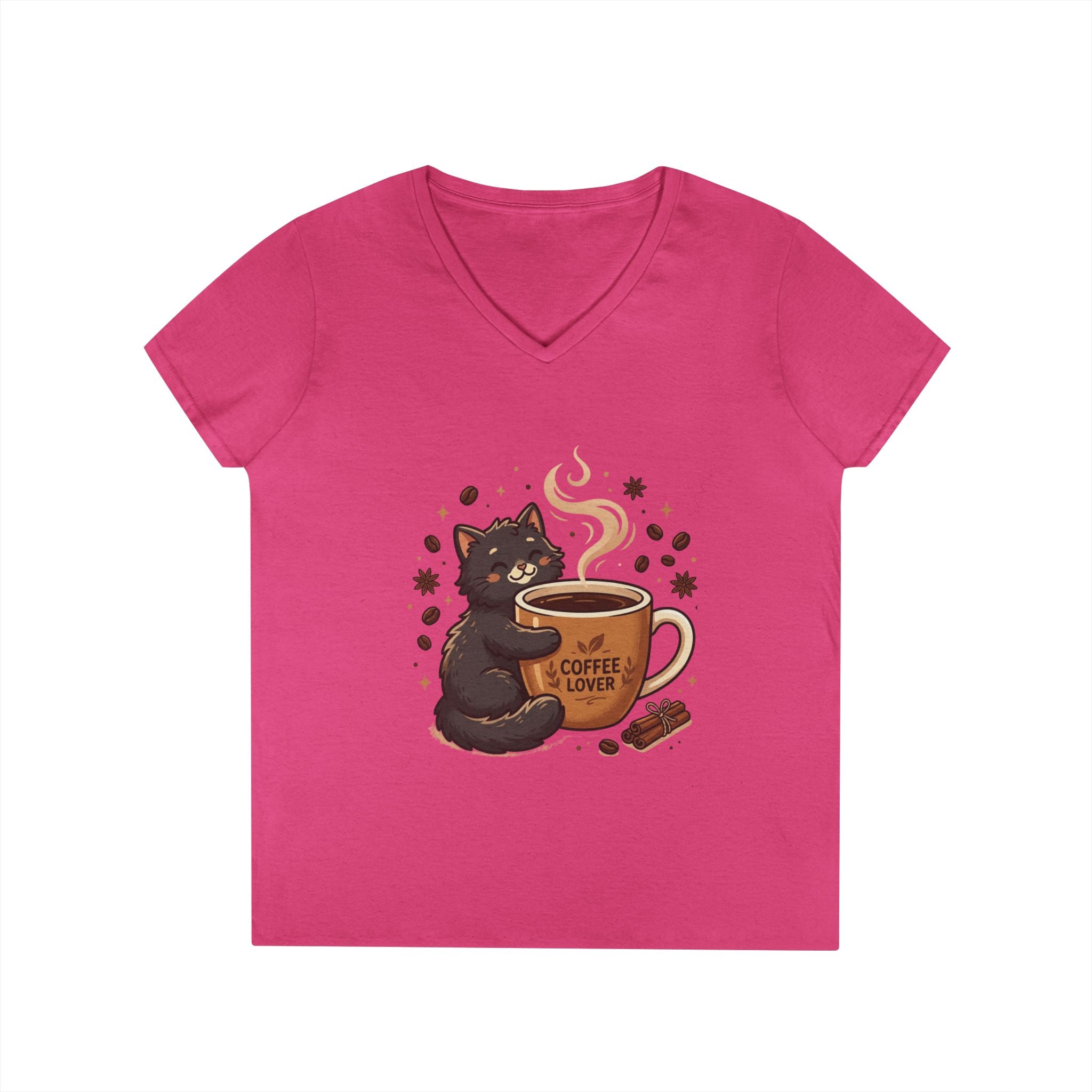 Coffee Lover Cat V-Neck Tee — Cute Black Cat Hugging Coffee Mug