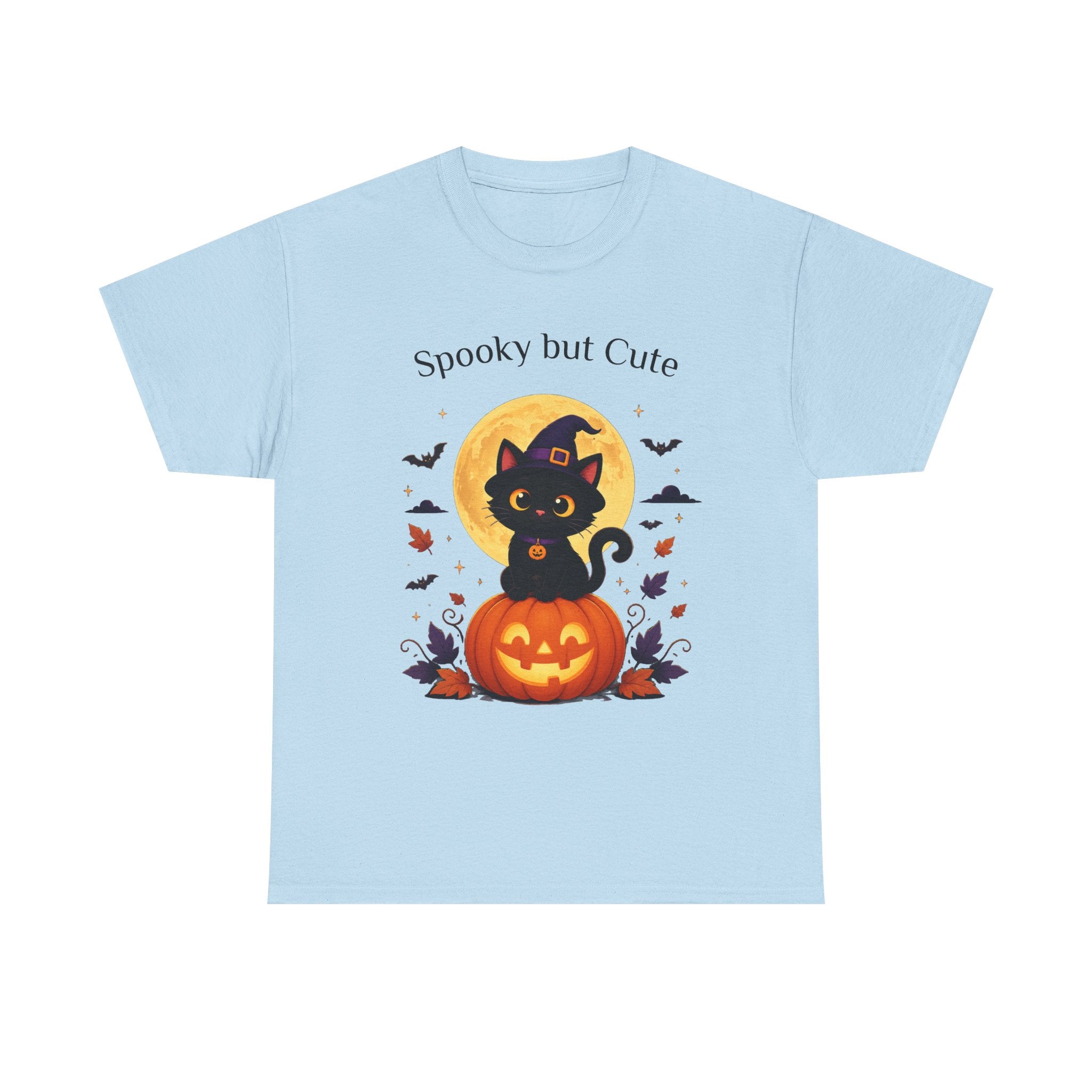 Halloween Cat Tee — “Spooky but Cute” Pumpkin & Full Moon Graphic T-Shirt