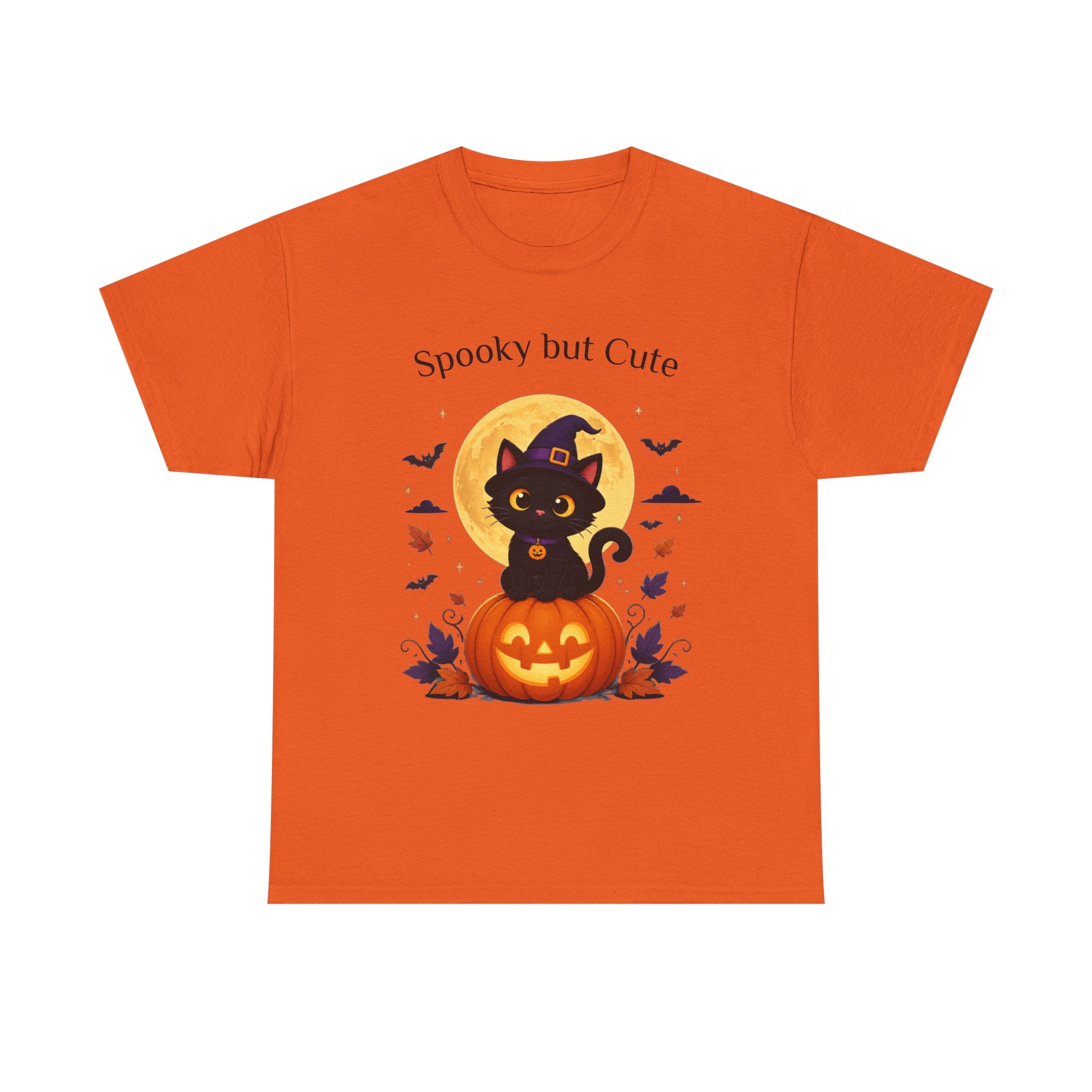 Halloween Cat Tee — “Spooky but Cute” Pumpkin & Full Moon Graphic T-Shirt