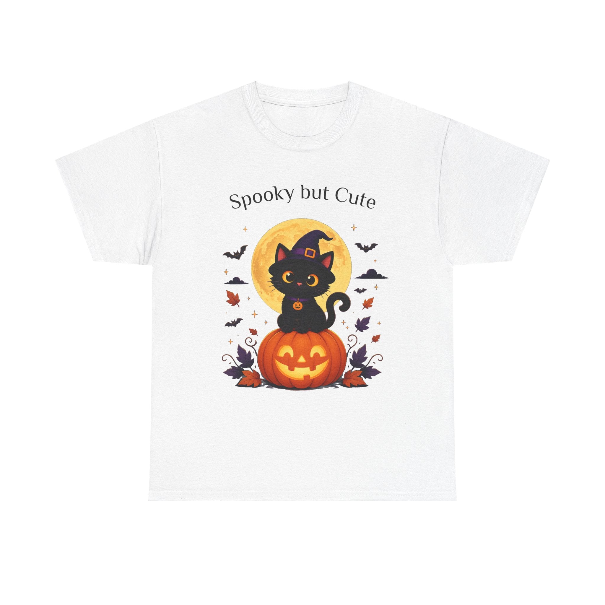 Halloween Cat Tee — “Spooky but Cute” Pumpkin & Full Moon Graphic T-Shirt