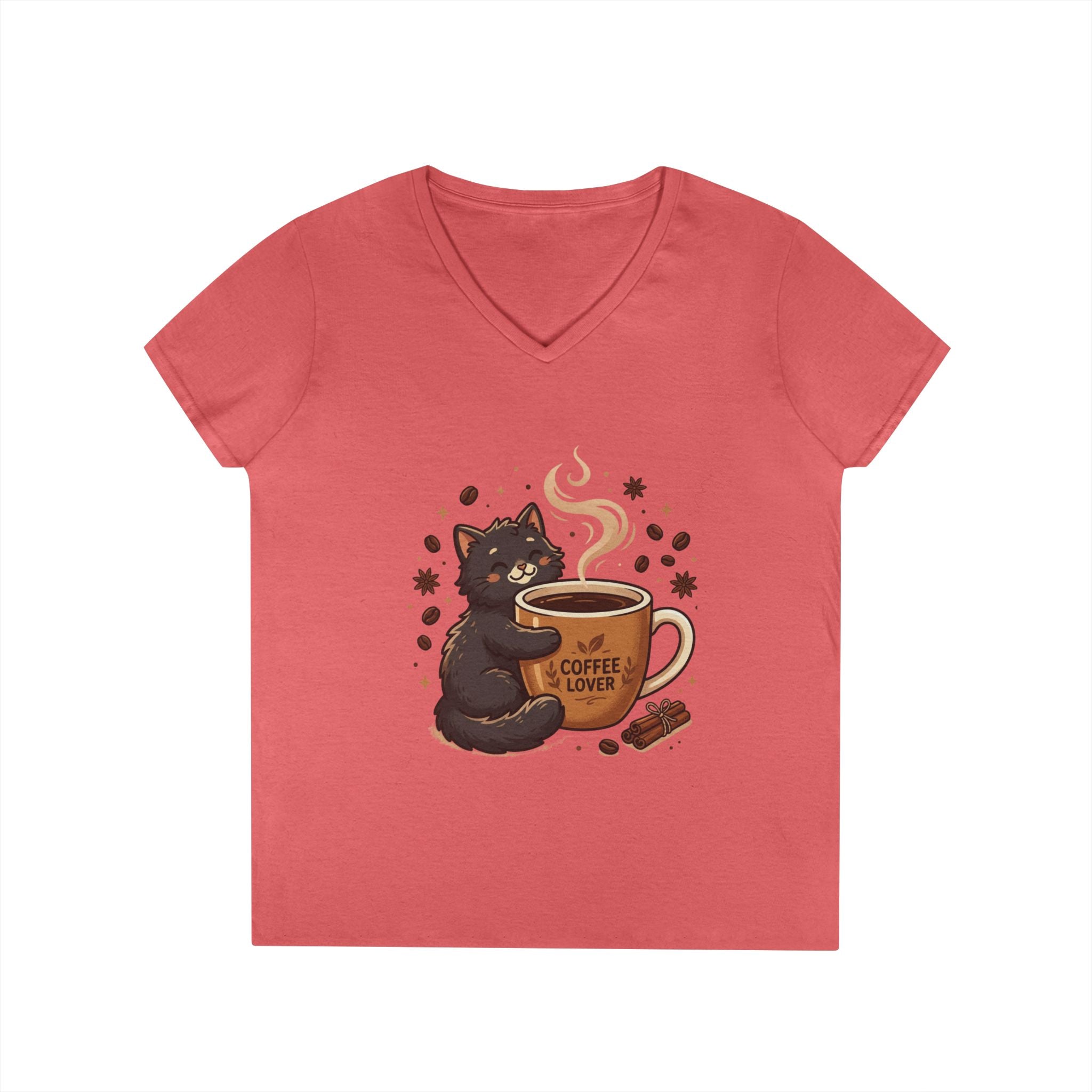Coffee Lover Cat V-Neck Tee — Cute Black Cat Hugging Coffee Mug