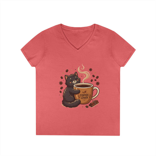 Coffee Lover Cat V-Neck Tee — Cute Black Cat Hugging Coffee Mug
