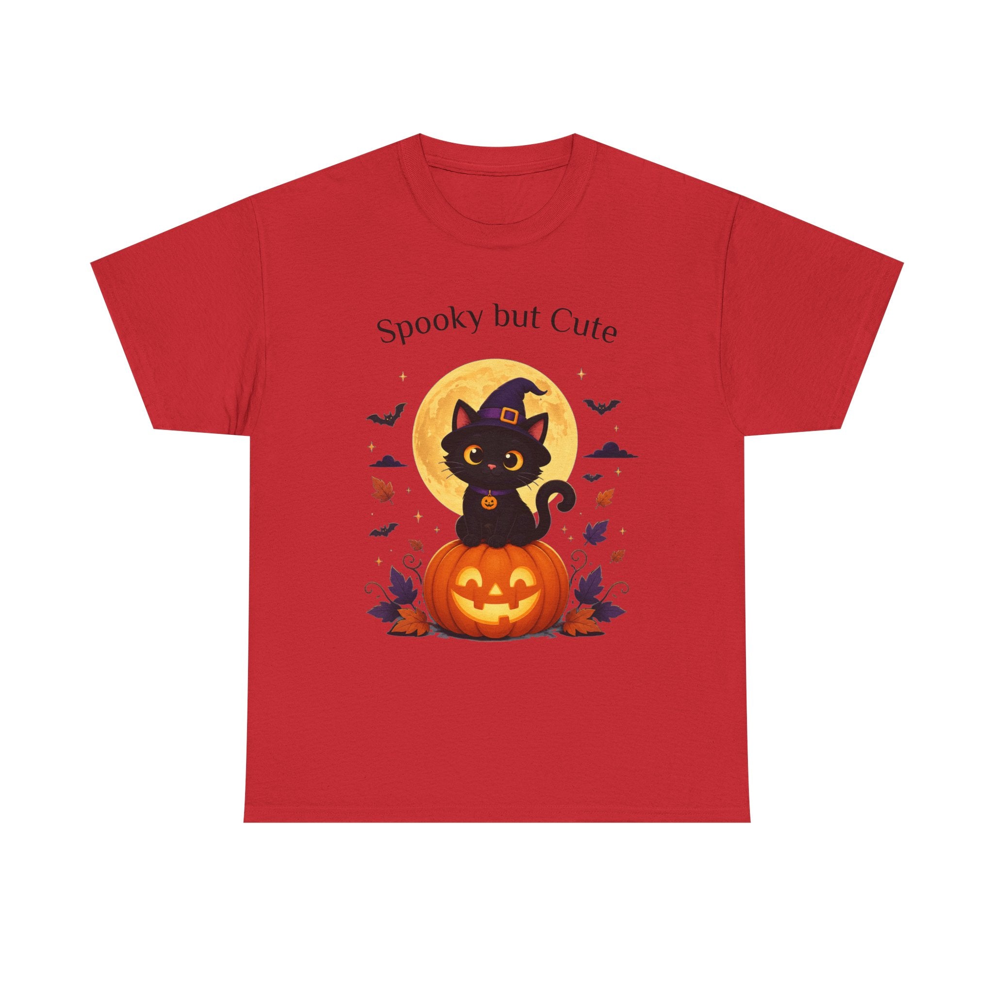 Halloween Cat Tee — “Spooky but Cute” Pumpkin & Full Moon Graphic T-Shirt