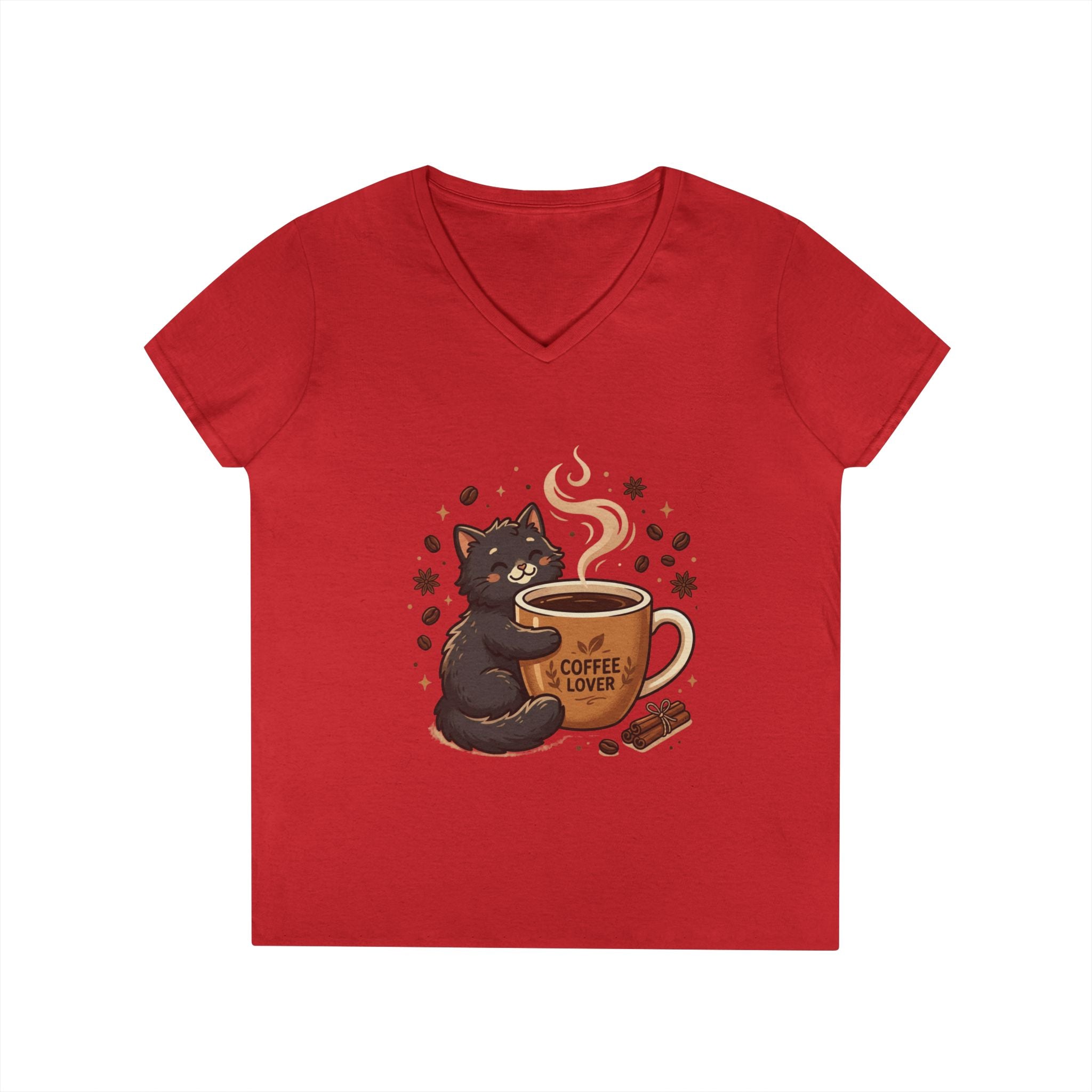 Coffee Lover Cat V-Neck Tee — Cute Black Cat Hugging Coffee Mug