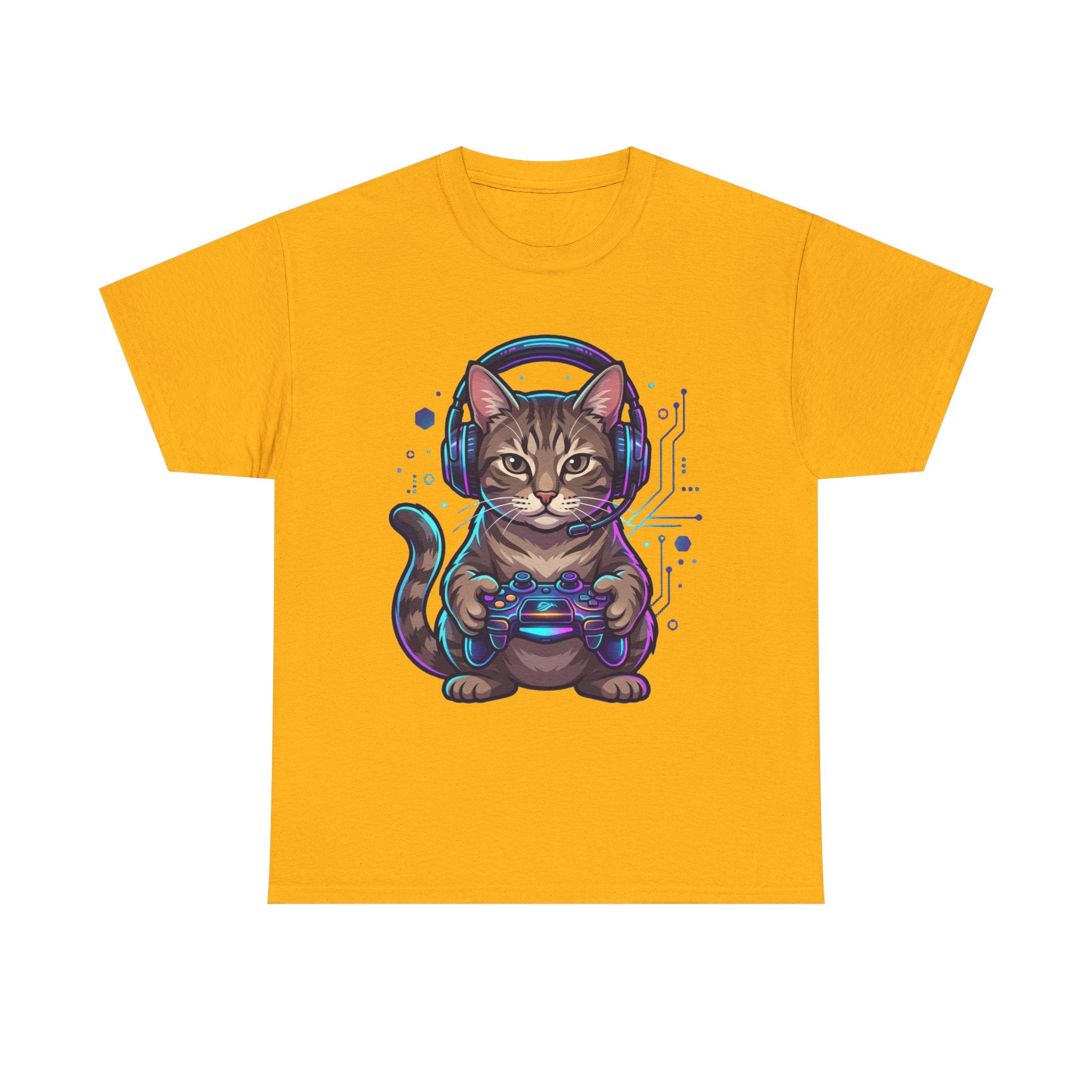 Gamer Cat T-Shirt — Cute Tabby with Headset & Game Controller Tee