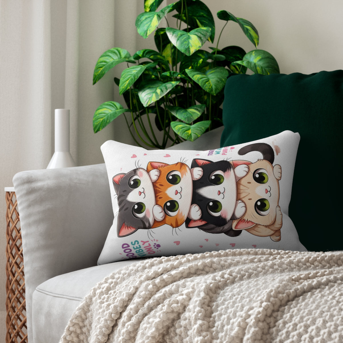 Cute Stack of Kittens Lumbar Pillow â€” 'Good Vibes Only' Decorative Throw Pillow