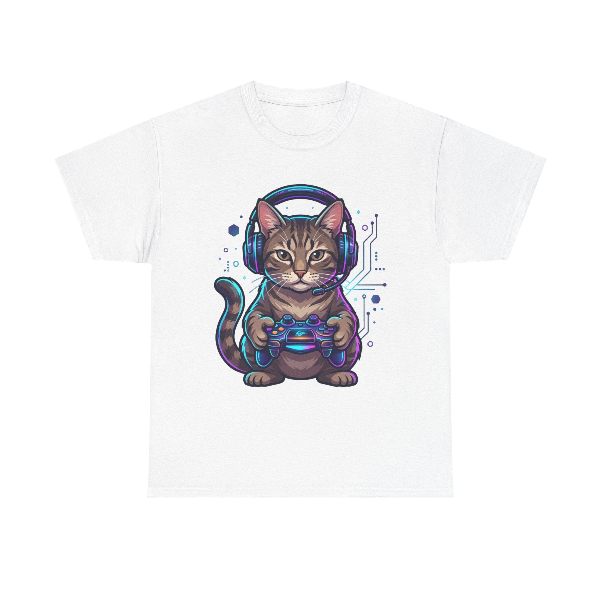 Gamer Cat T-Shirt — Cute Tabby with Headset & Game Controller Tee
