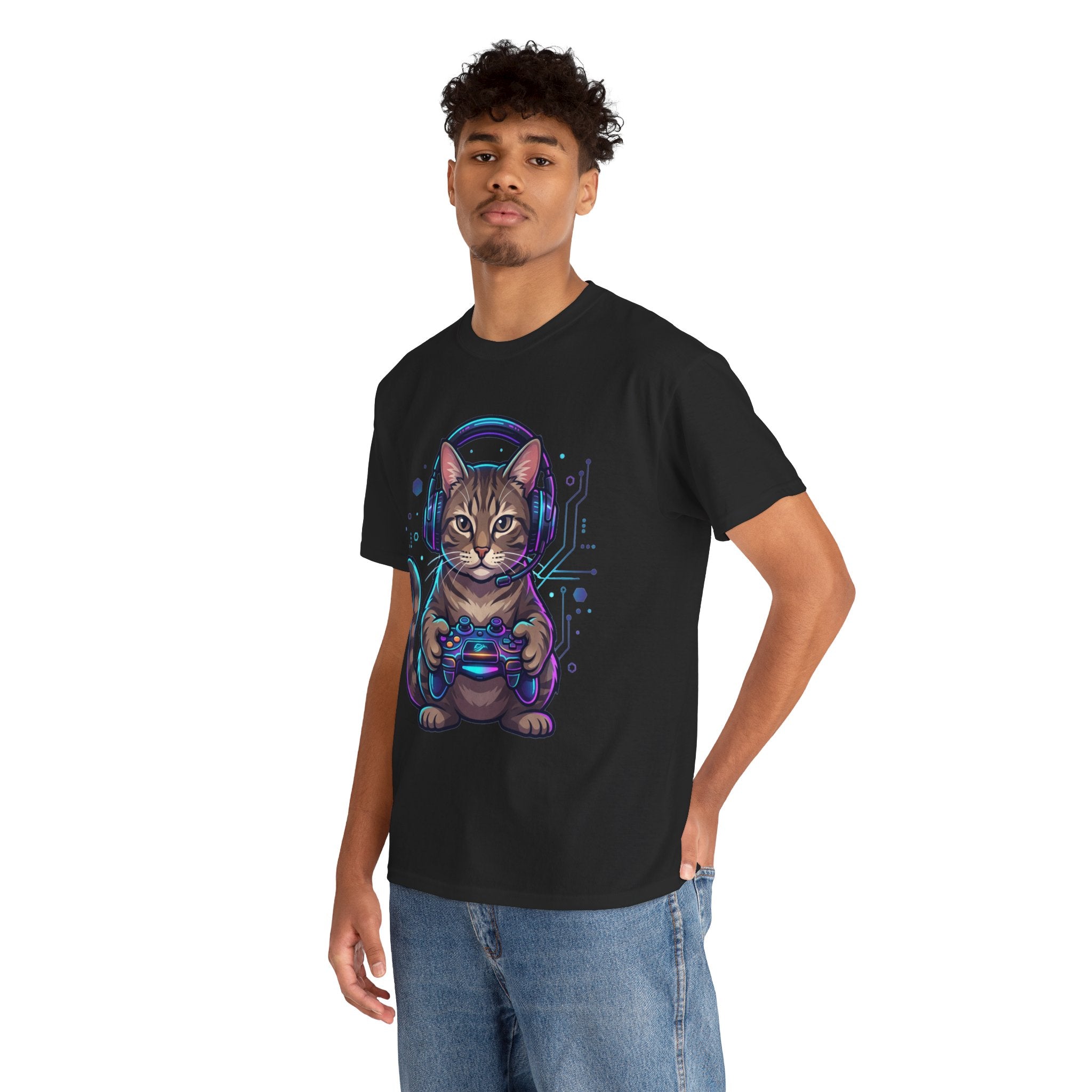 Gamer Cat T-Shirt — Cute Tabby with Headset & Game Controller Tee