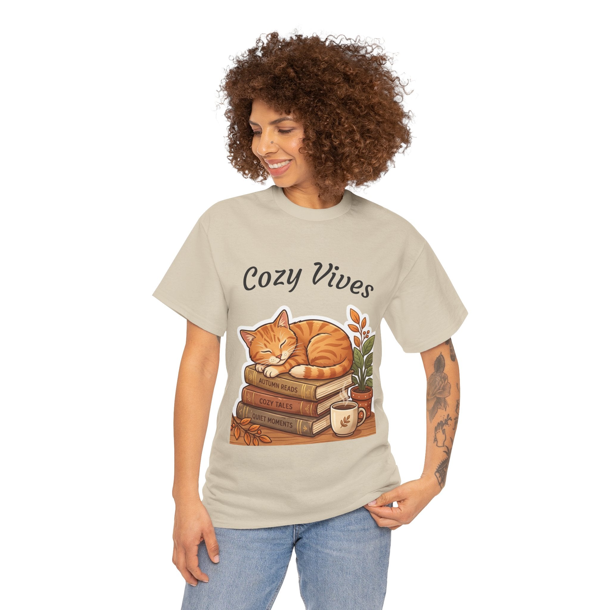 Cozy Dives T‑Shirt — Cute Cat on Books & Plants Graphic Tee for Book Lovers