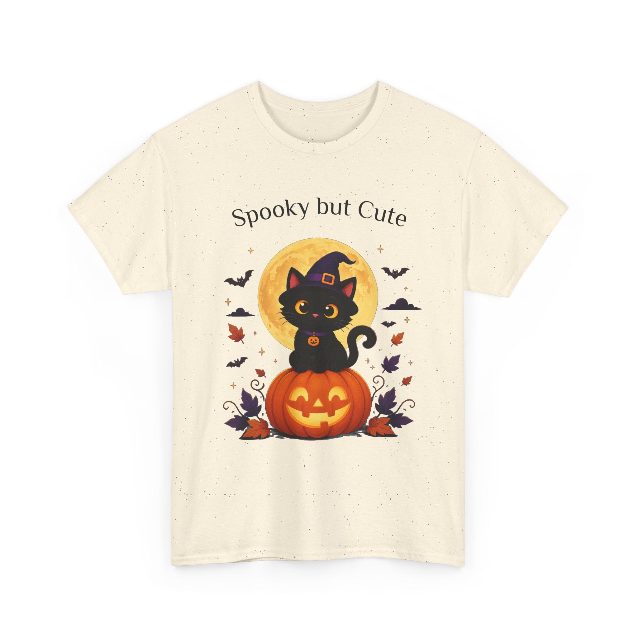 Halloween Cat Tee — “Spooky but Cute” Pumpkin & Full Moon Graphic T-Shirt