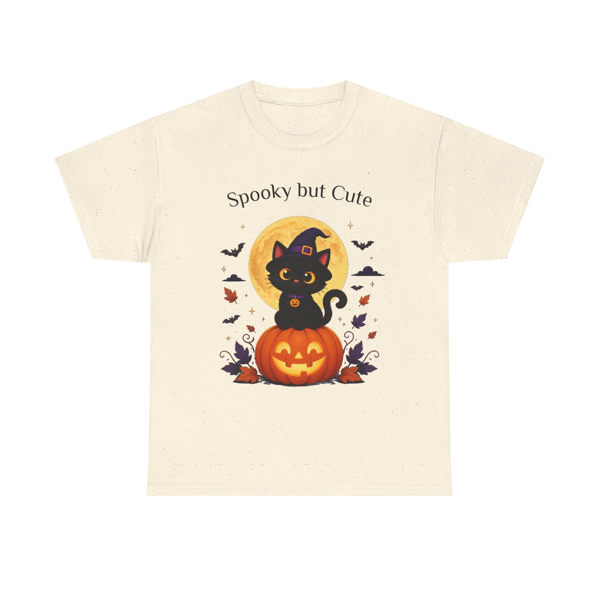 Halloween Cat Tee — “Spooky but Cute” Pumpkin & Full Moon Graphic T-Shirt