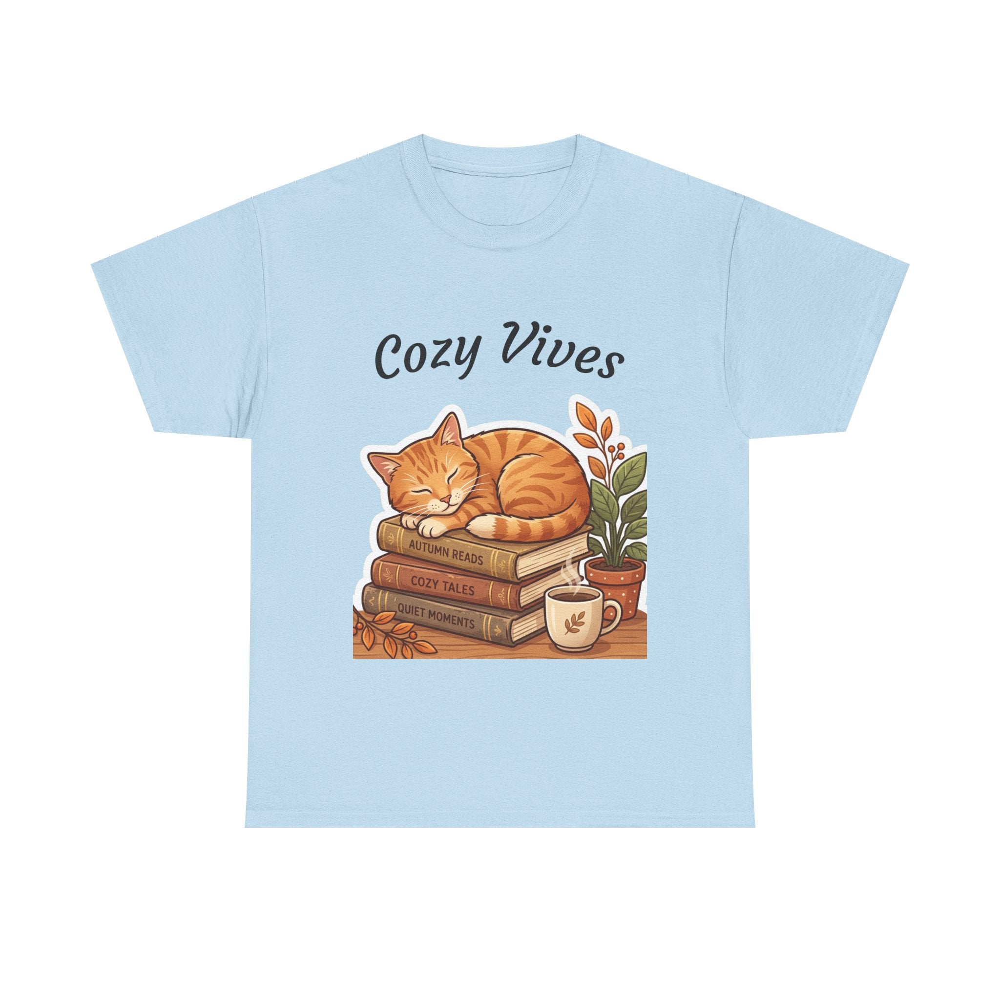 Cozy Dives T‑Shirt — Cute Cat on Books & Plants Graphic Tee for Book Lovers