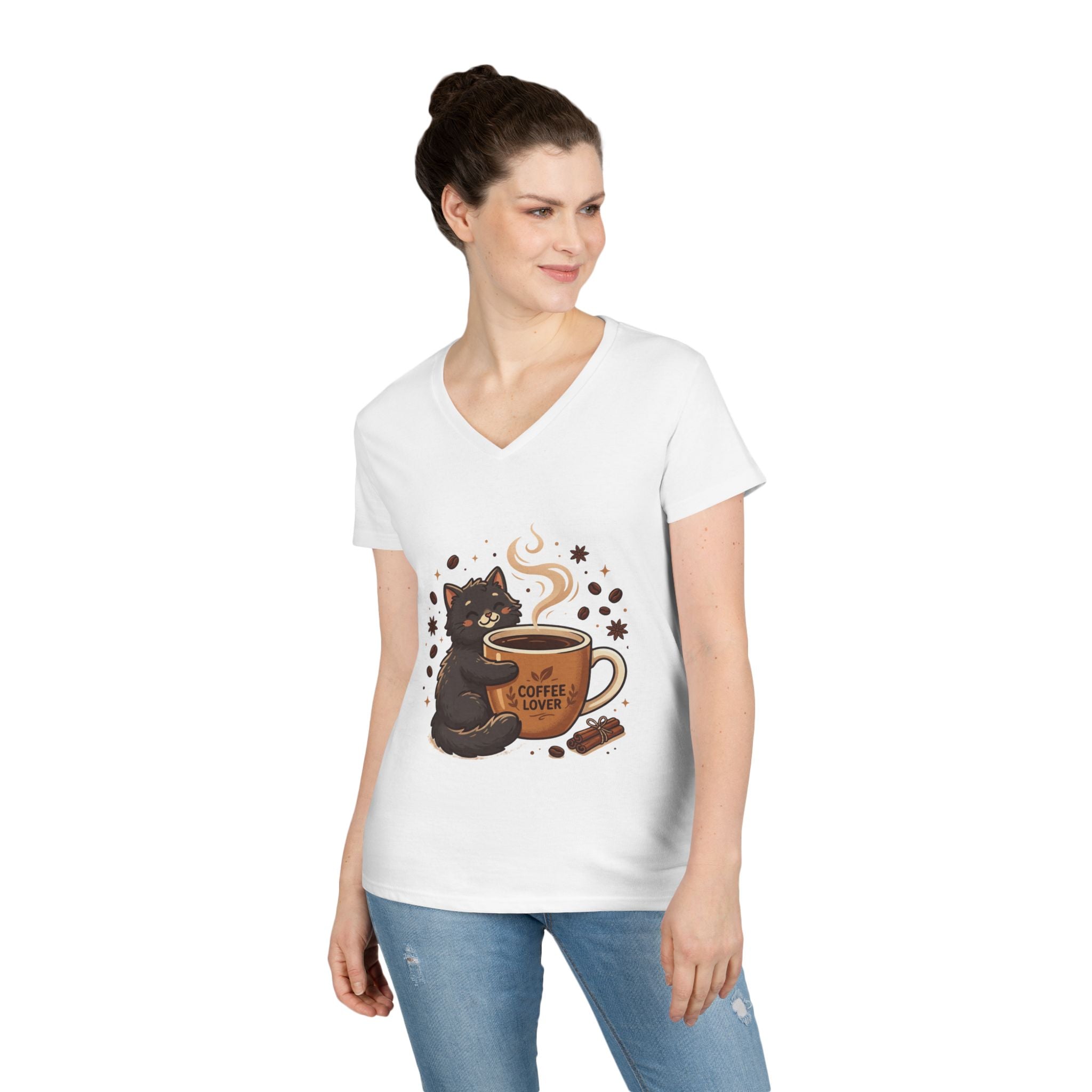Coffee Lover Cat V-Neck Tee — Cute Black Cat Hugging Coffee Mug