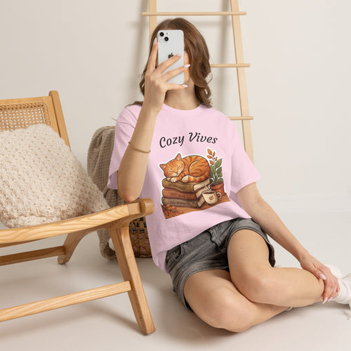 Cozy Dives T‑Shirt — Cute Cat on Books & Plants Graphic Tee for Book Lovers