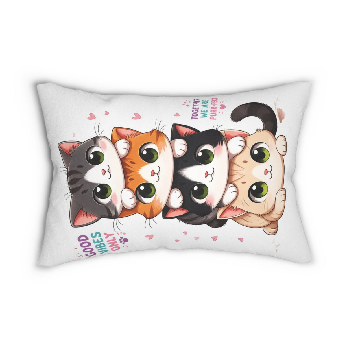 Cute Stack of Kittens Lumbar Pillow â€” 'Good Vibes Only' Decorative Throw Pillow
