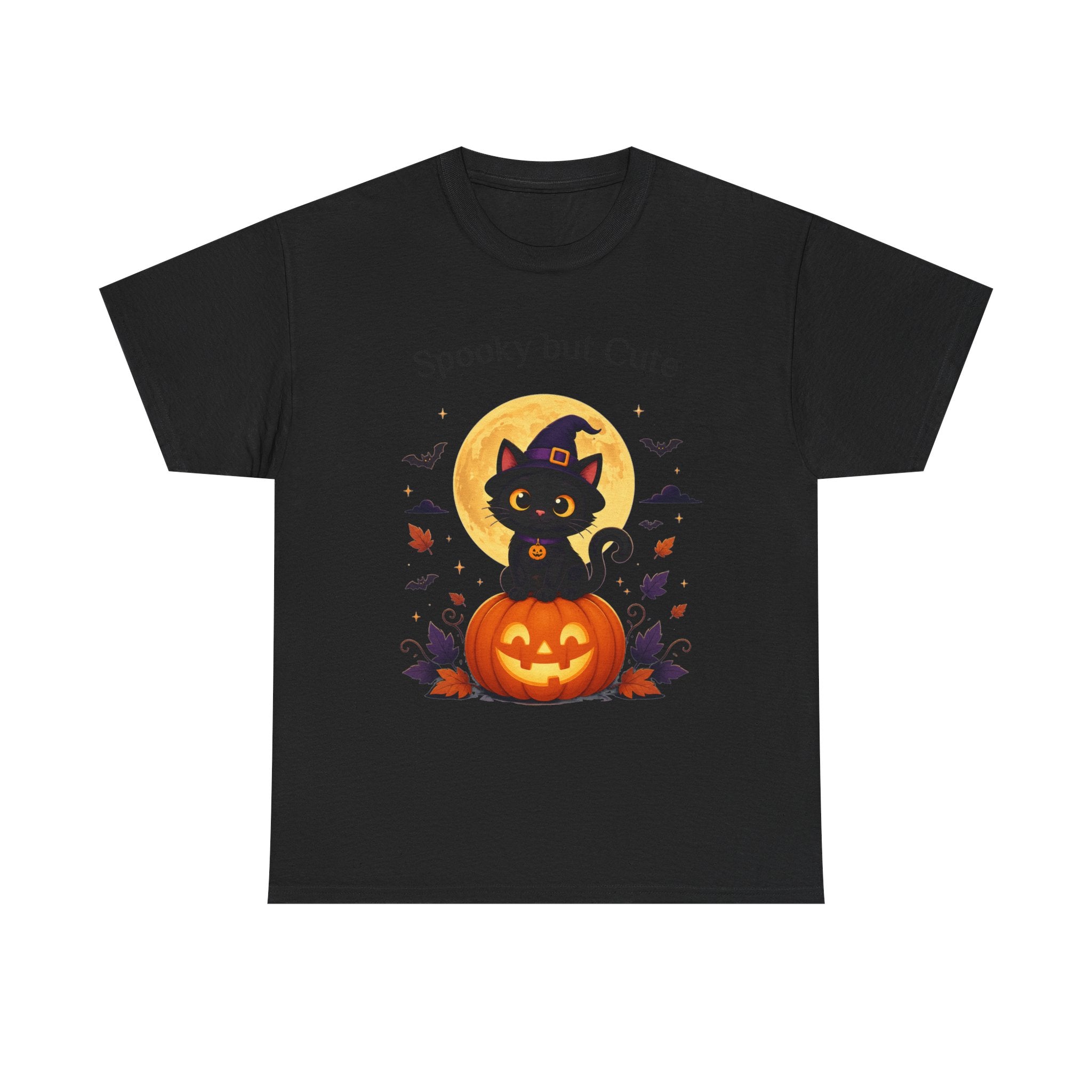 Halloween Cat Tee — “Spooky but Cute” Pumpkin & Full Moon Graphic T-Shirt