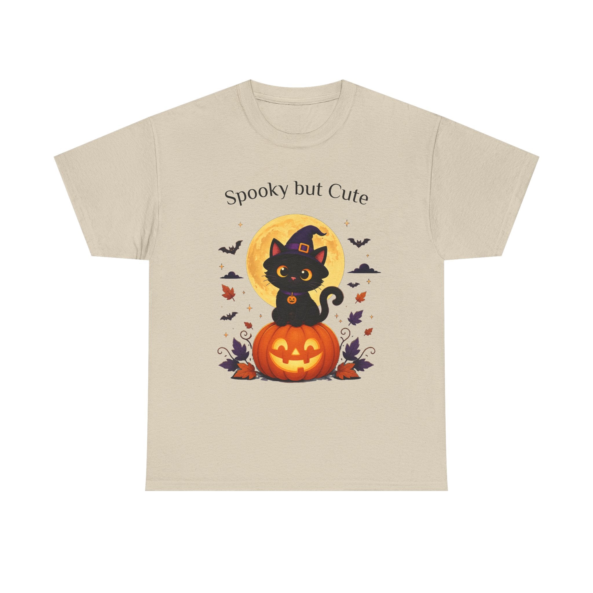 Halloween Cat Tee — “Spooky but Cute” Pumpkin & Full Moon Graphic T-Shirt
