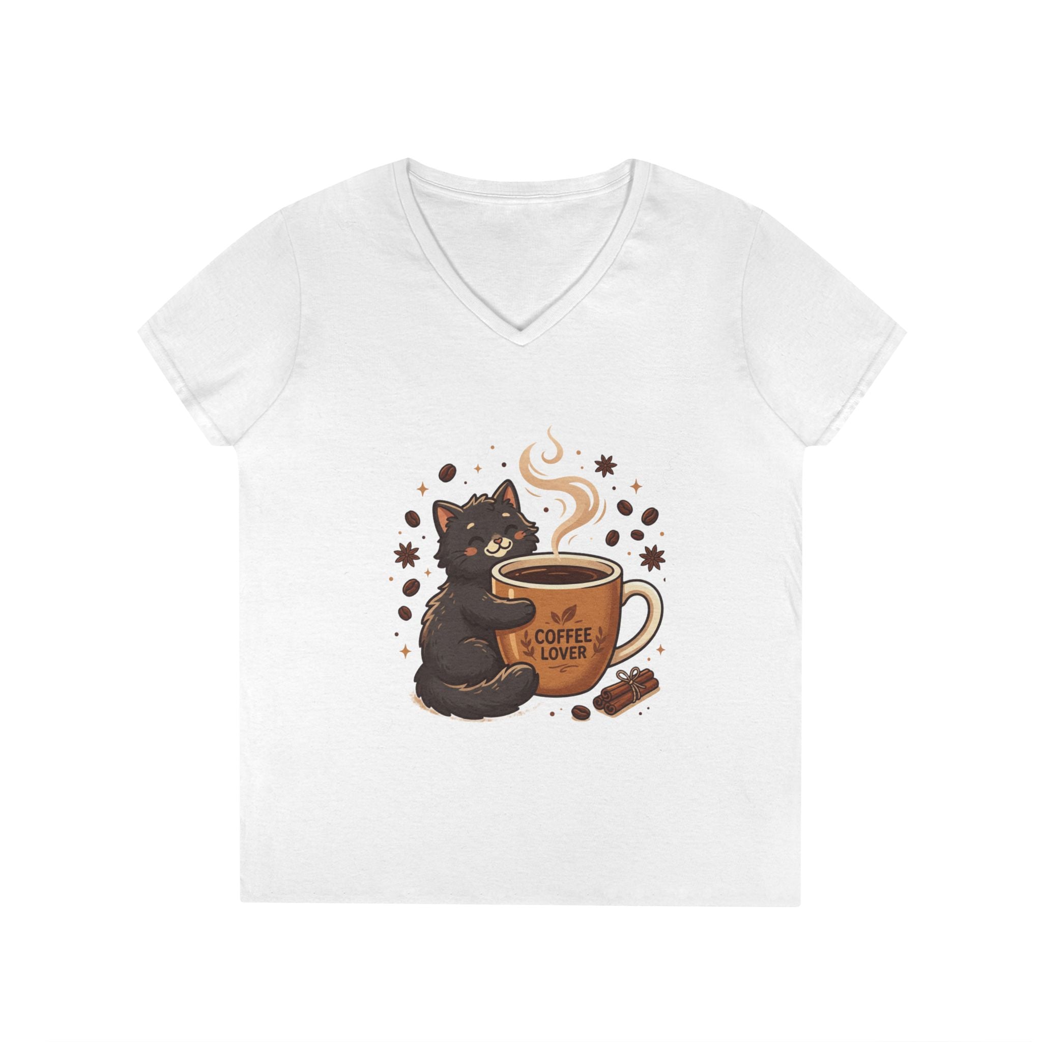 Coffee Lover Cat V-Neck Tee — Cute Black Cat Hugging Coffee Mug
